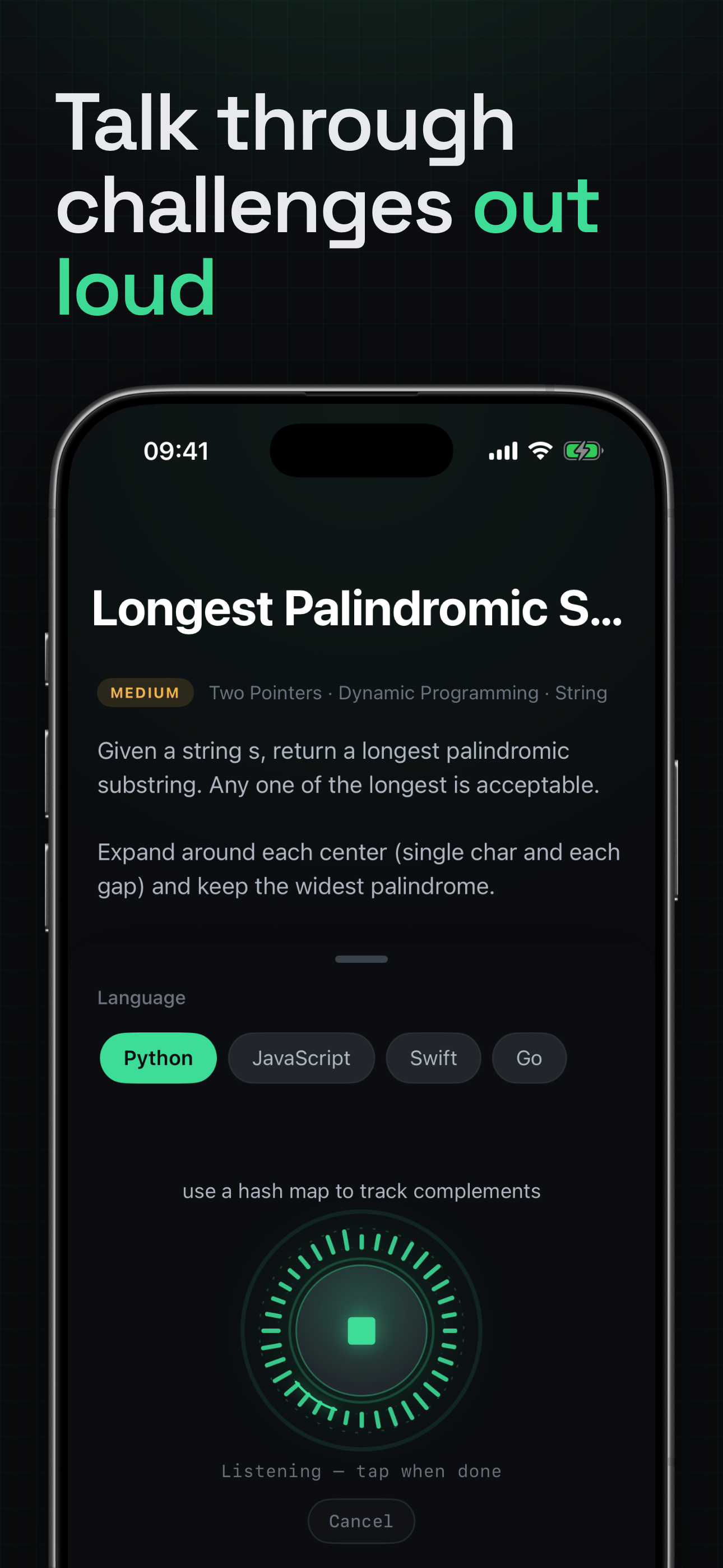 Practice DS & Algo out loud — speak your reasoning into a code card